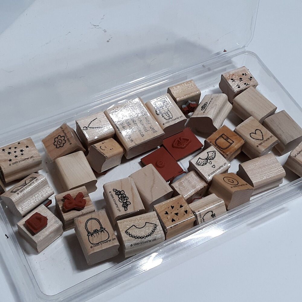 Stampin Up Huge Lot of 27 Little Rubber Stamps Flowers Stars Hearts Bear Collars